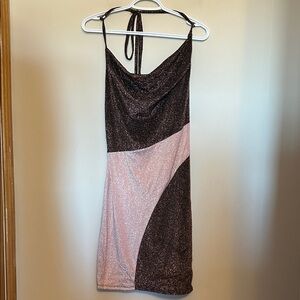 Naked Wardrobe pink/brown stretchy mini dress silver/gold sparkle size 1 new/tag